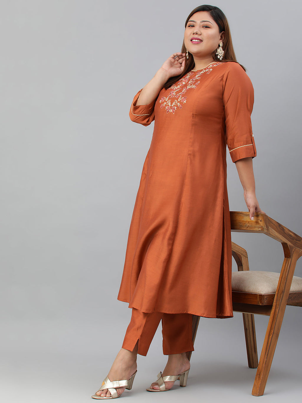 Janasya XL LOVE by Janasya Women's Plus Size Rust Orange Poly Silk Kurta With Pant