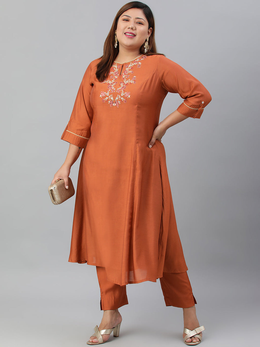 Janasya XL LOVE by Janasya Women's Plus Size Rust Orange Poly Silk Kurta With Pant