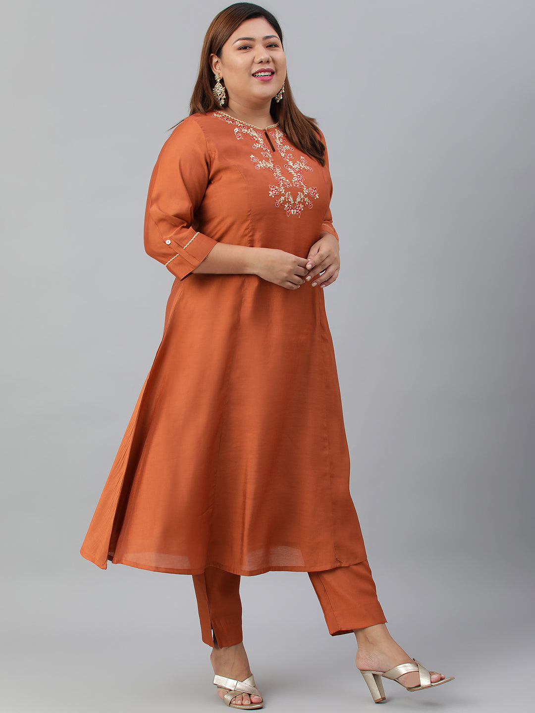 Janasya XL LOVE by Janasya Women's Plus Size Rust Orange Poly Silk Kurta With Pant