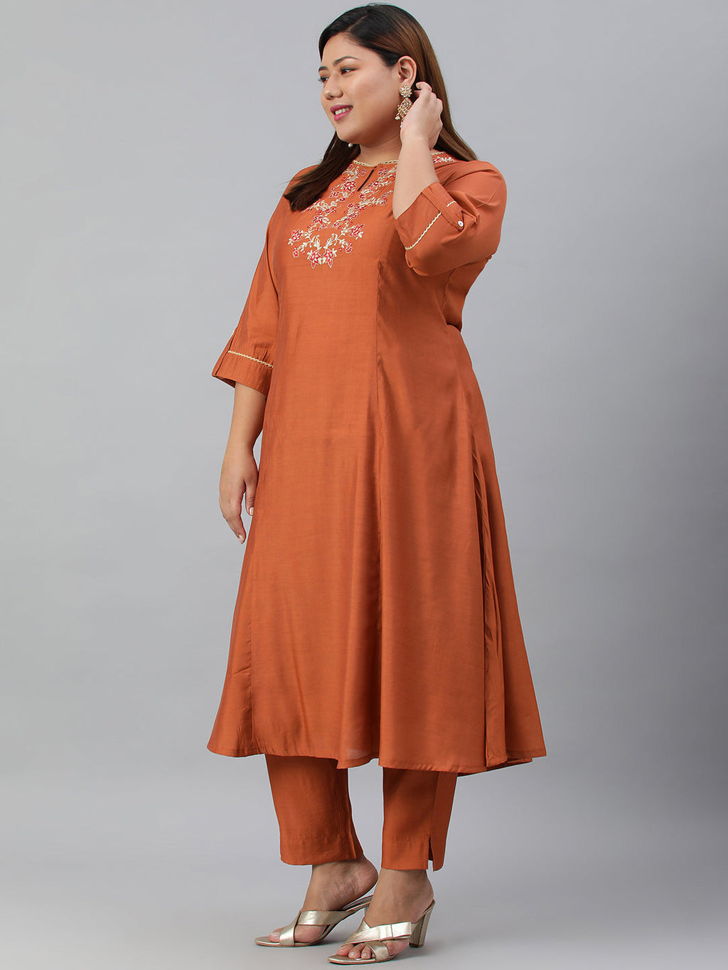 Janasya XL LOVE by Janasya Women's Plus Size Rust Orange Poly Silk Kurta With Pant