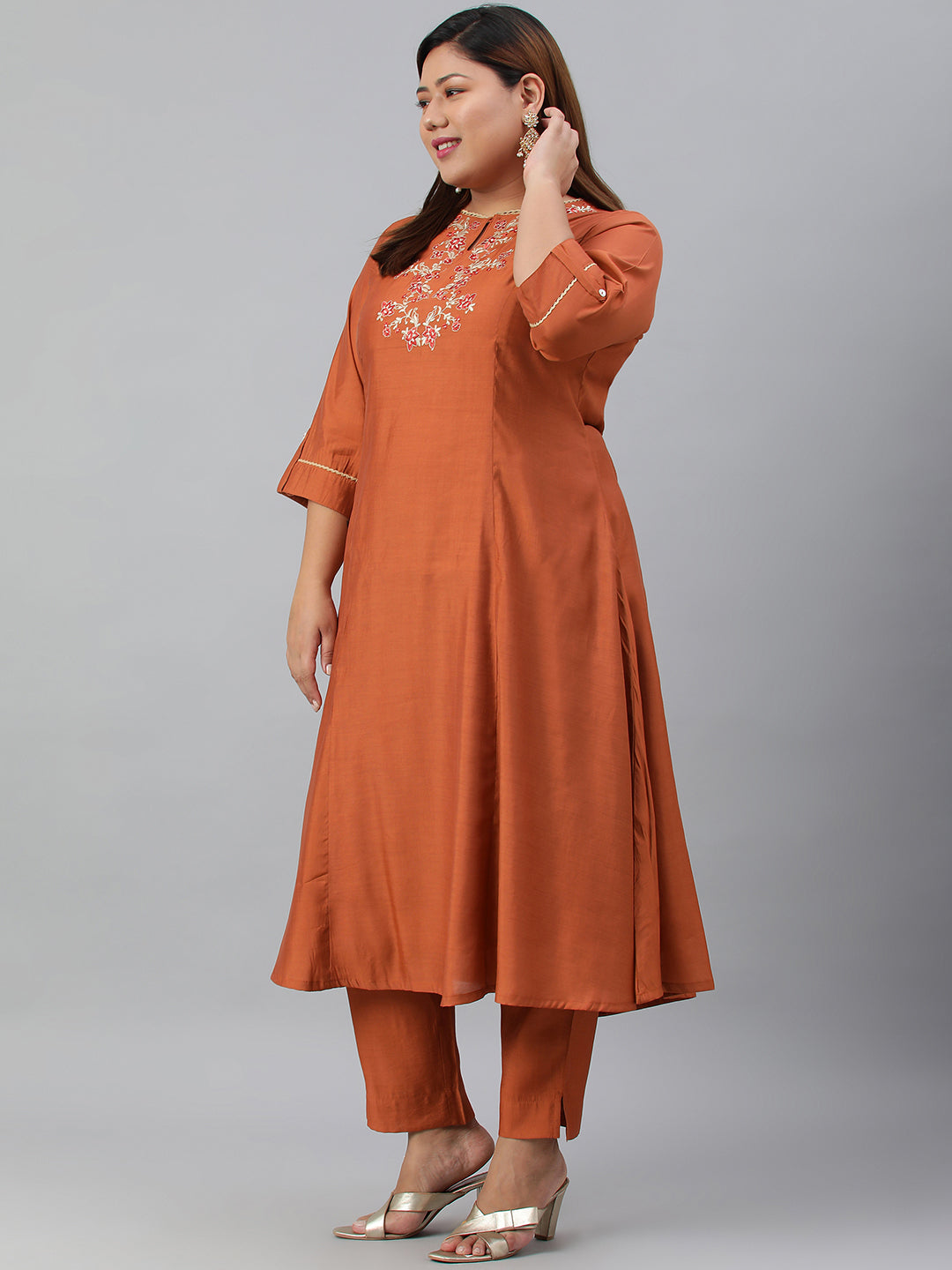 Janasya XL LOVE by Janasya Women's Plus Size Rust Orange Poly Silk Kurta With Pant