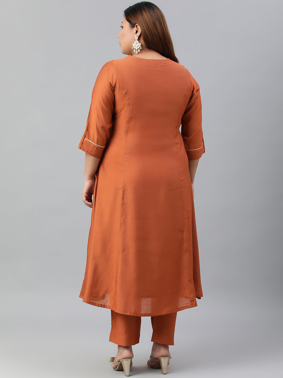 Janasya XL LOVE by Janasya Women's Plus Size Rust Orange Poly Silk Kurta With Pant