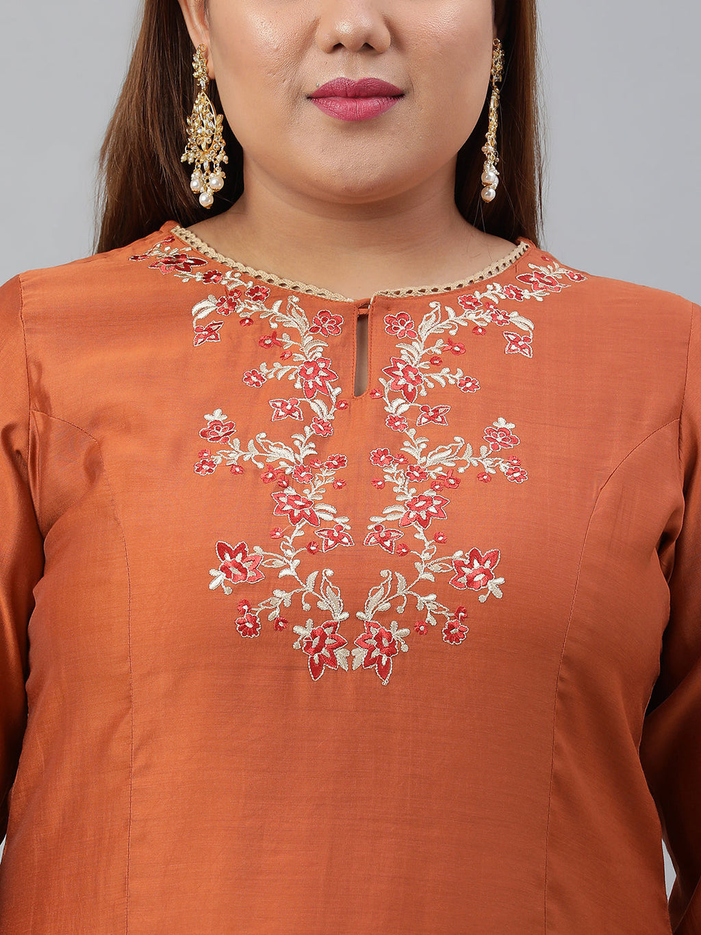 Janasya XL LOVE by Janasya Women's Plus Size Rust Orange Poly Silk Kurta With Pant