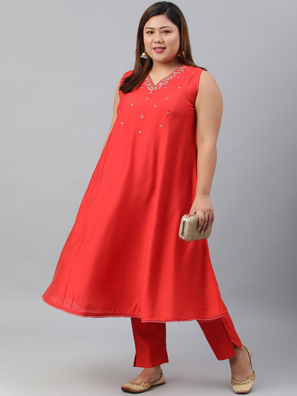 Janasya XL LOVE by Janasya Women's Plus Size Red Art Silk Kurta With Pant
