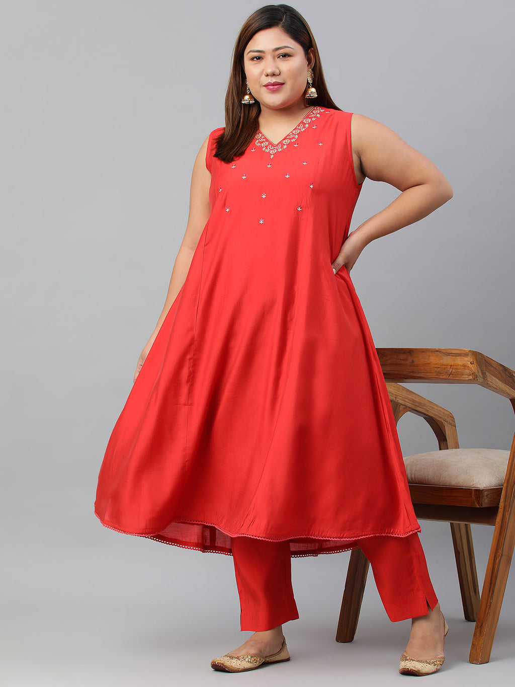 Janasya XL LOVE by Janasya Women's Plus Size Red Art Silk Kurta With Pant