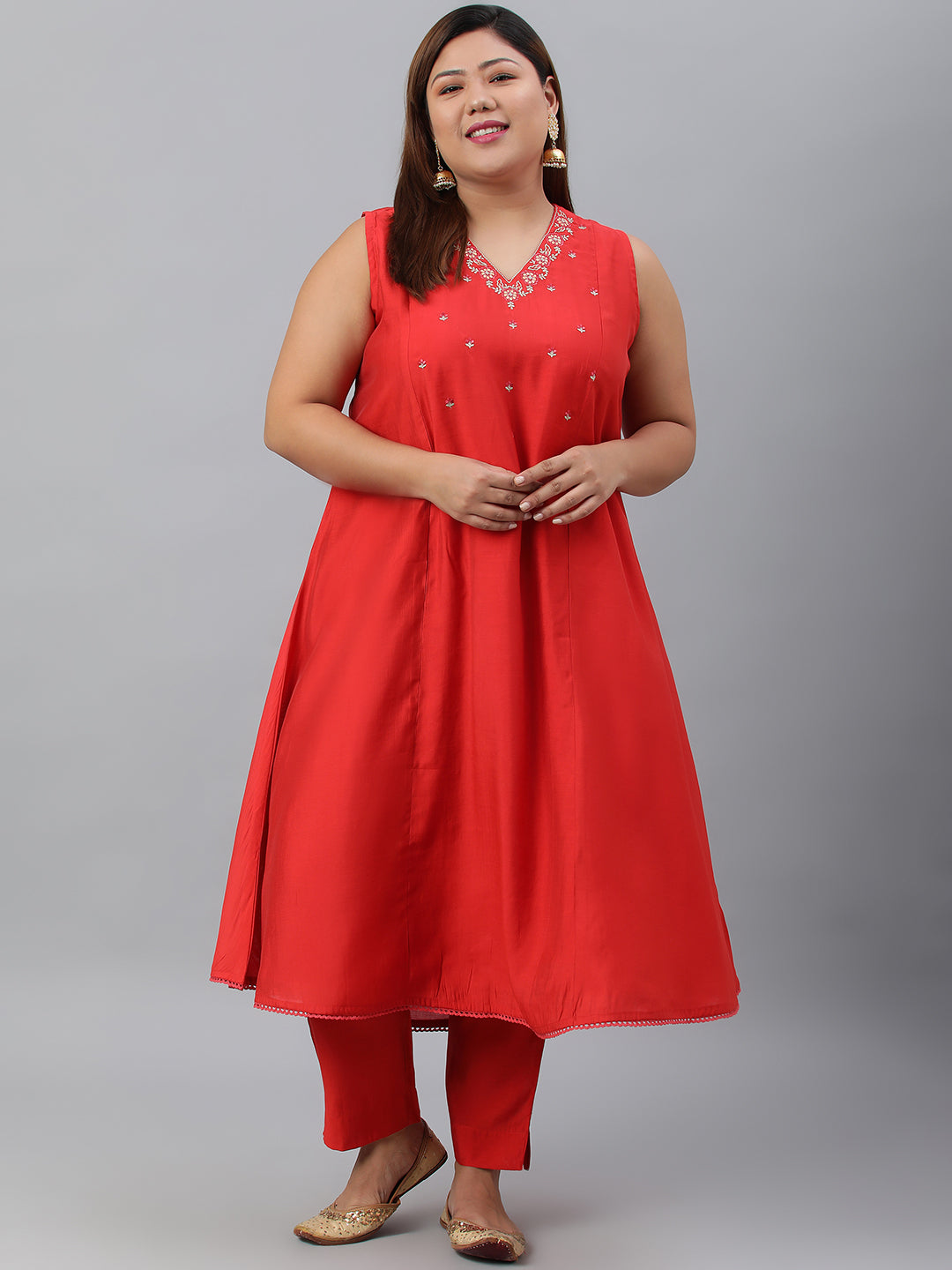Janasya XL LOVE by Janasya Women's Plus Size Red Art Silk Kurta With Pant