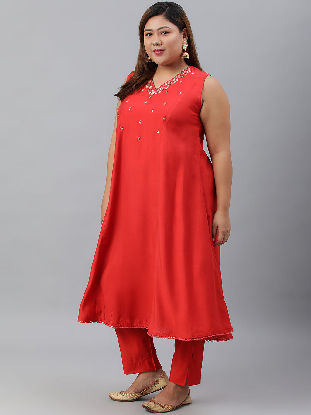 Janasya XL LOVE by Janasya Women's Plus Size Red Art Silk Kurta With Pant