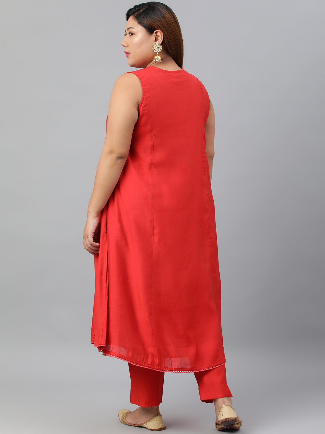 Janasya XL LOVE by Janasya Women's Plus Size Red Art Silk Kurta With Pant