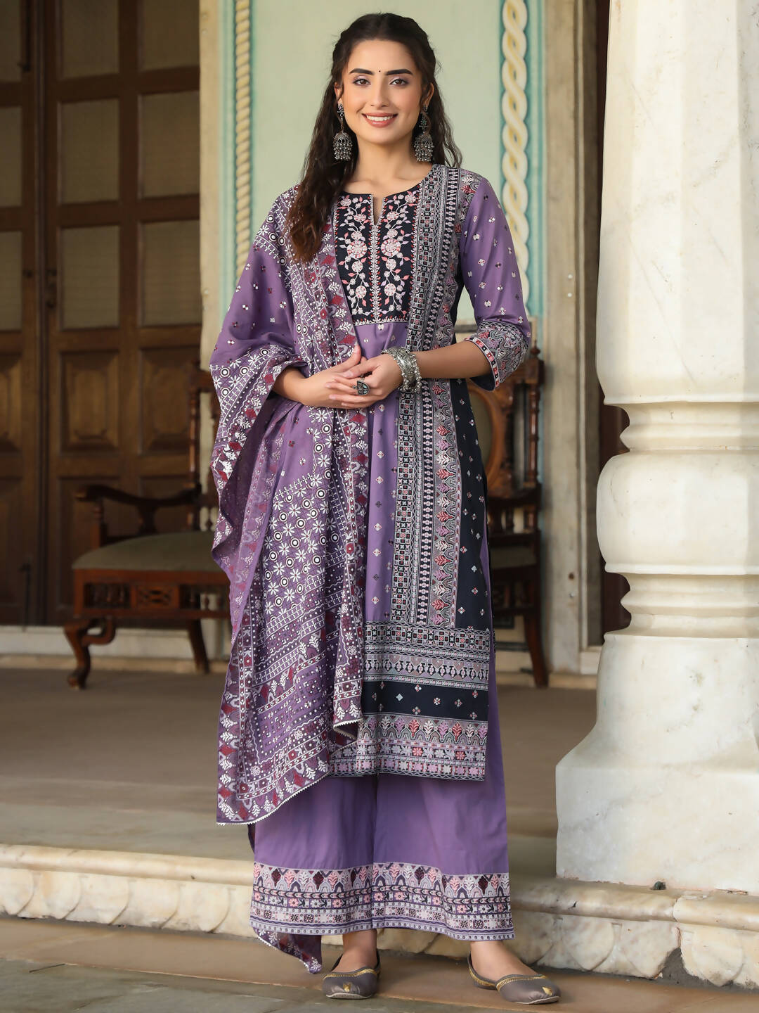 Juniper Women's Lavender Cambric Geometric Printed Mix And Match Kurta Palazzo And Dupatta Set