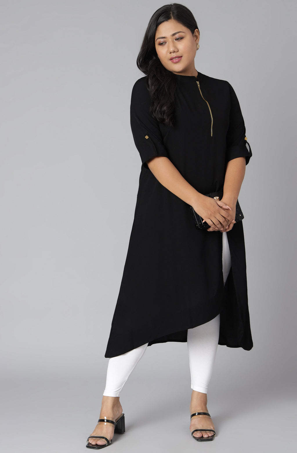 Janasya Women's Black Poly Crepe Solid Casual High Low Kurta