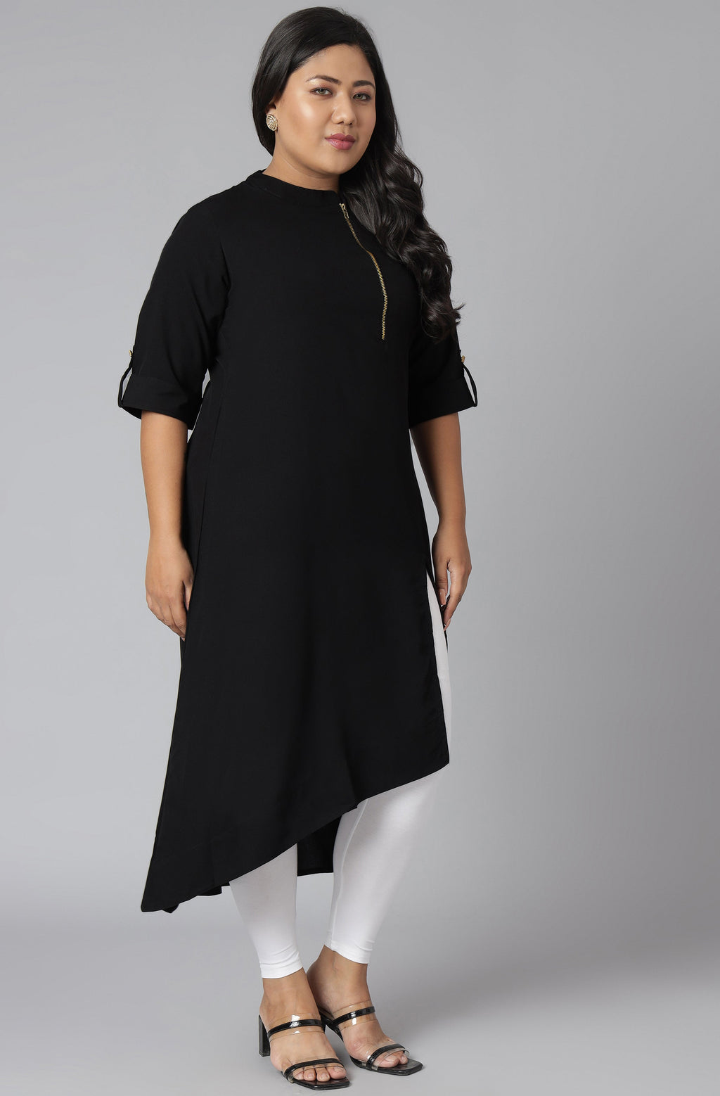 Janasya Women's Black Poly Crepe Solid Casual High Low Kurta