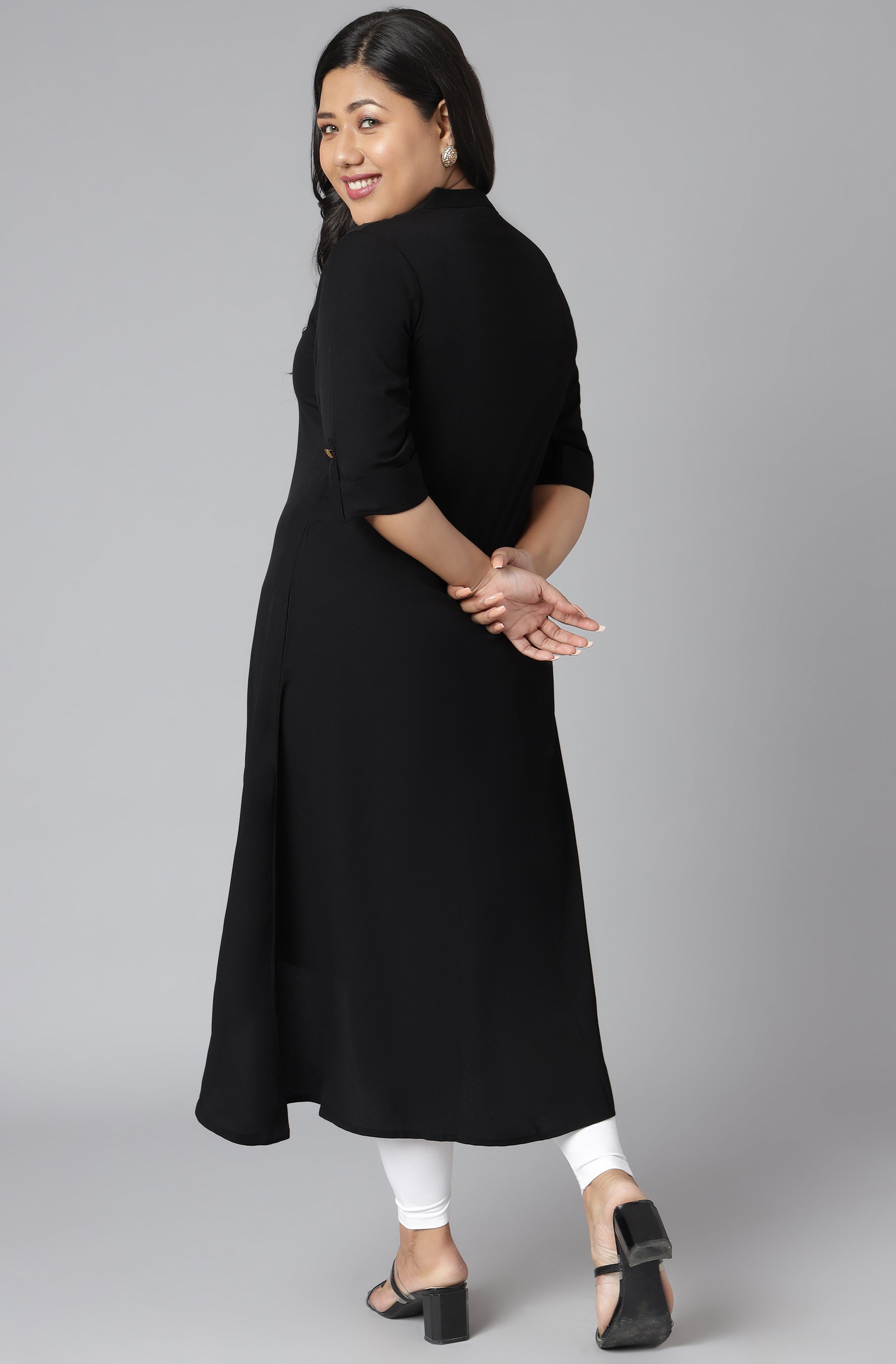 Janasya Women's Black Poly Crepe Solid Casual High Low Kurta