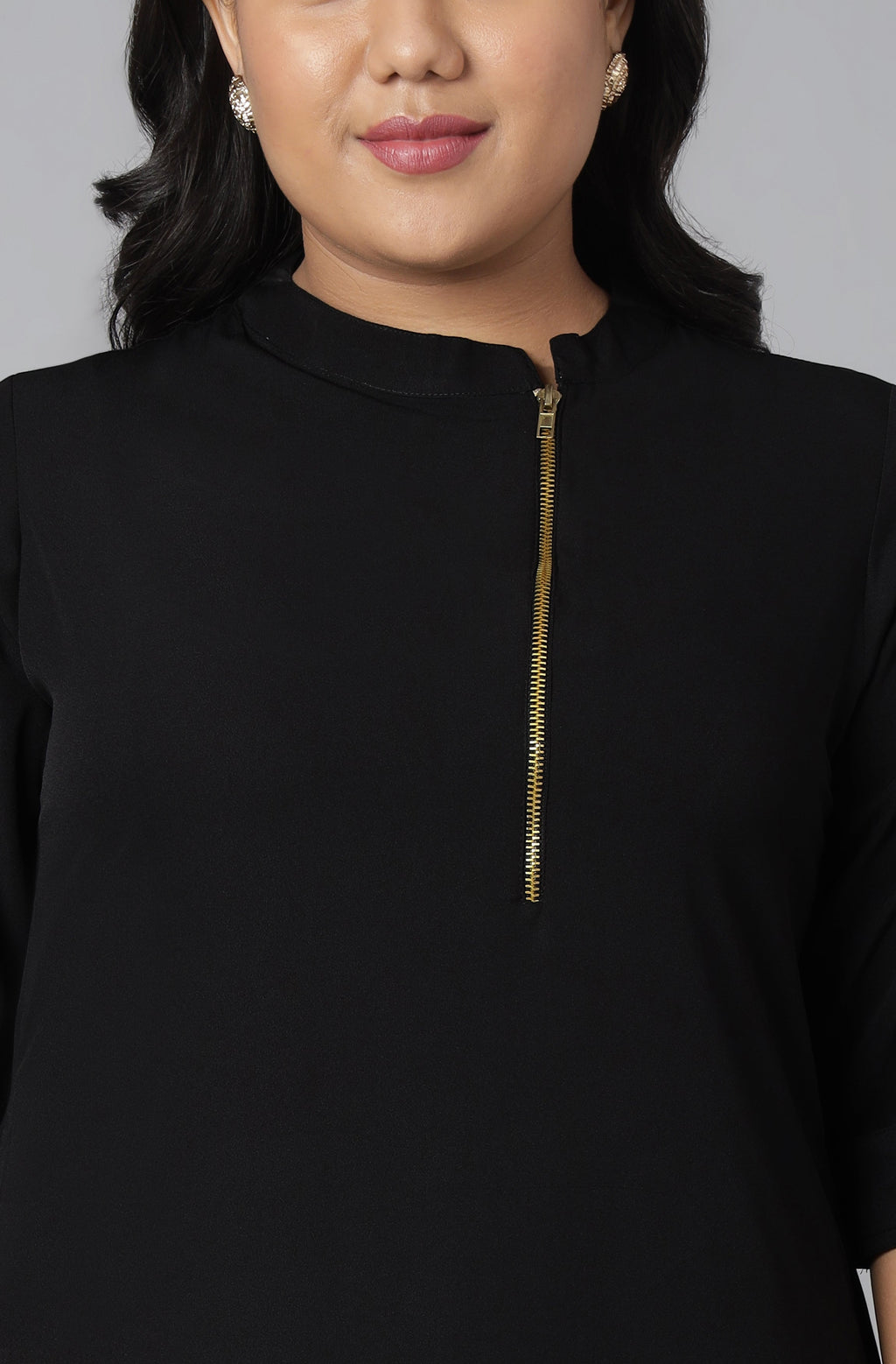 Janasya Women's Black Poly Crepe Solid Casual High Low Kurta