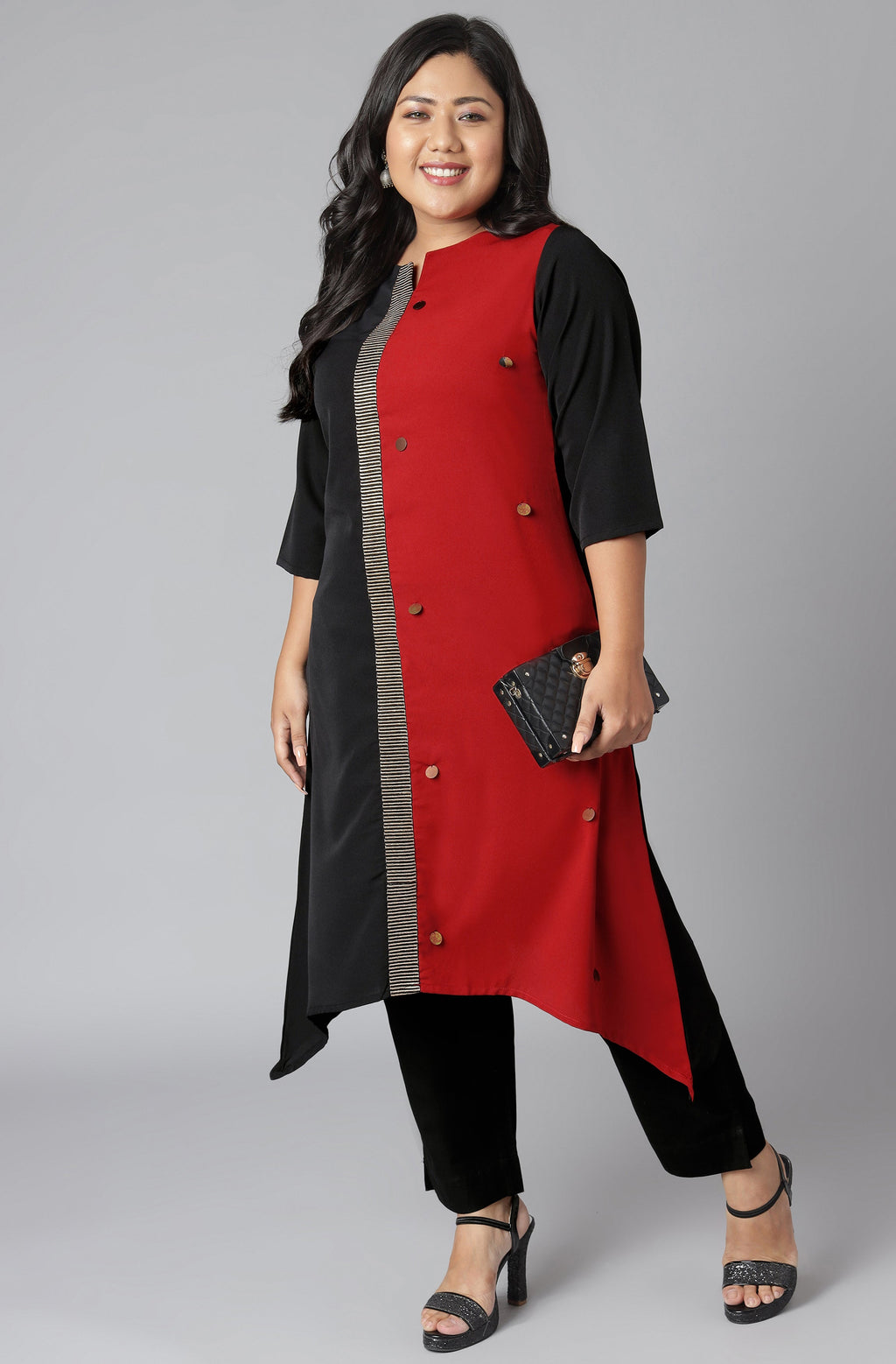 Janasya Women's Black Poly Crepe Colorblock Casual Asymmetric Kurta
