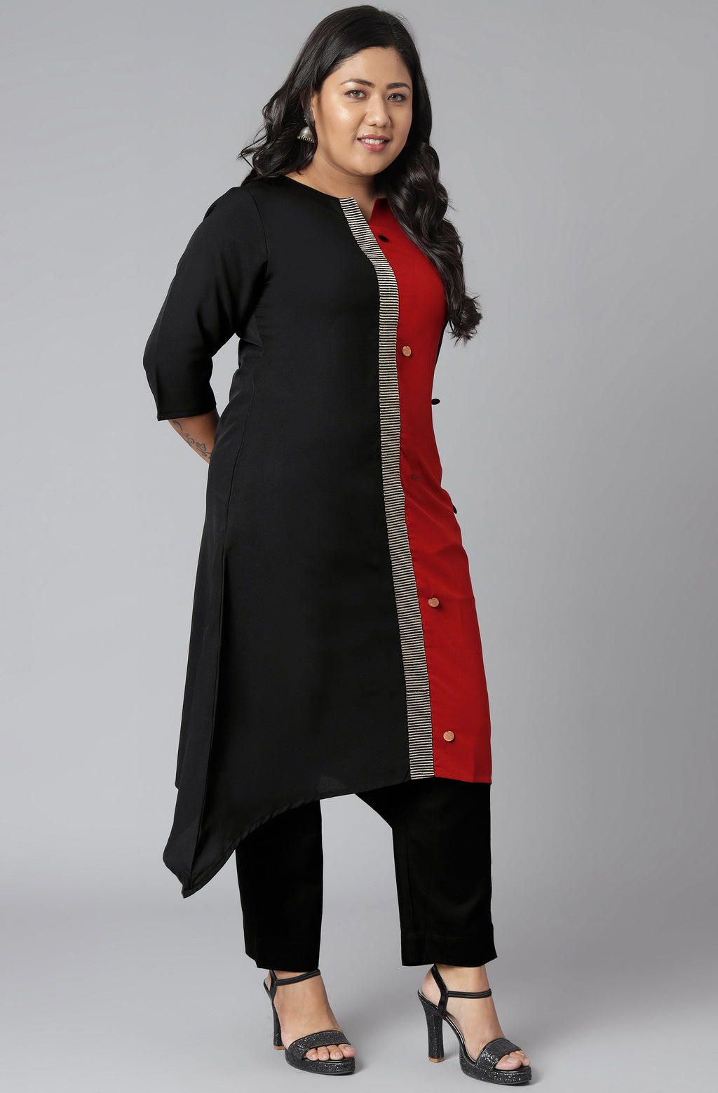 Janasya Women's Black Poly Crepe Colorblock Casual Asymmetric Kurta