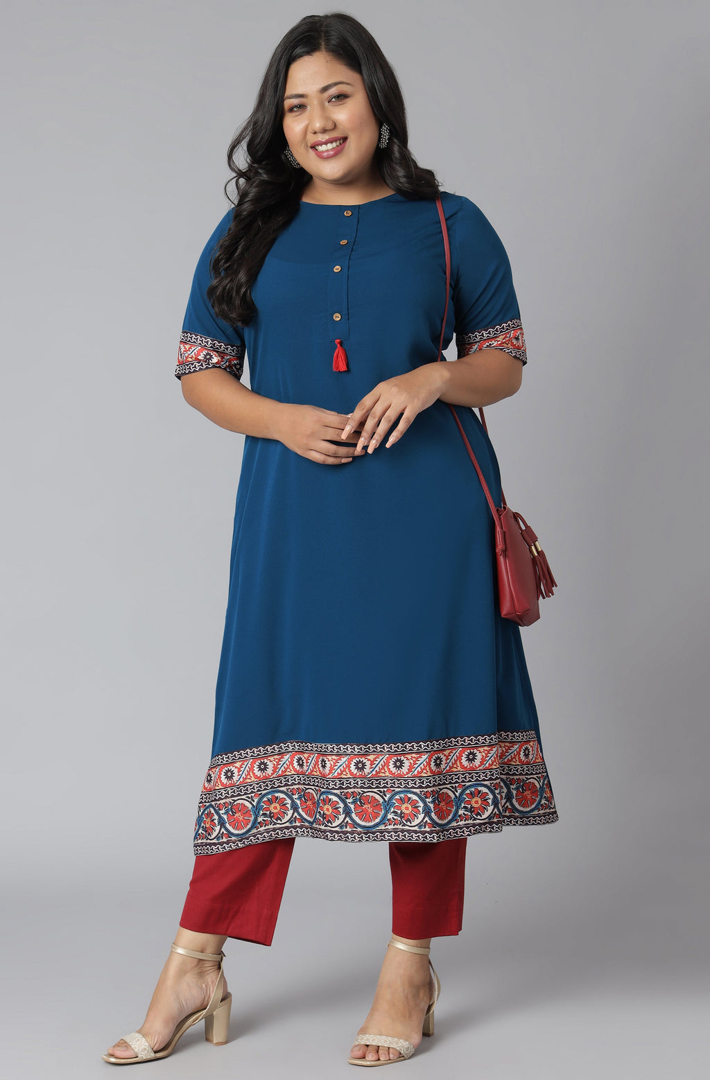 Janasya Women's Teal Poly Crepe Floral Print Casual A-line Kurta