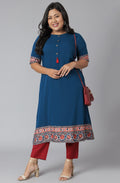 Janasya Women's Teal Poly Crepe Floral Print Casual A-line Kurta