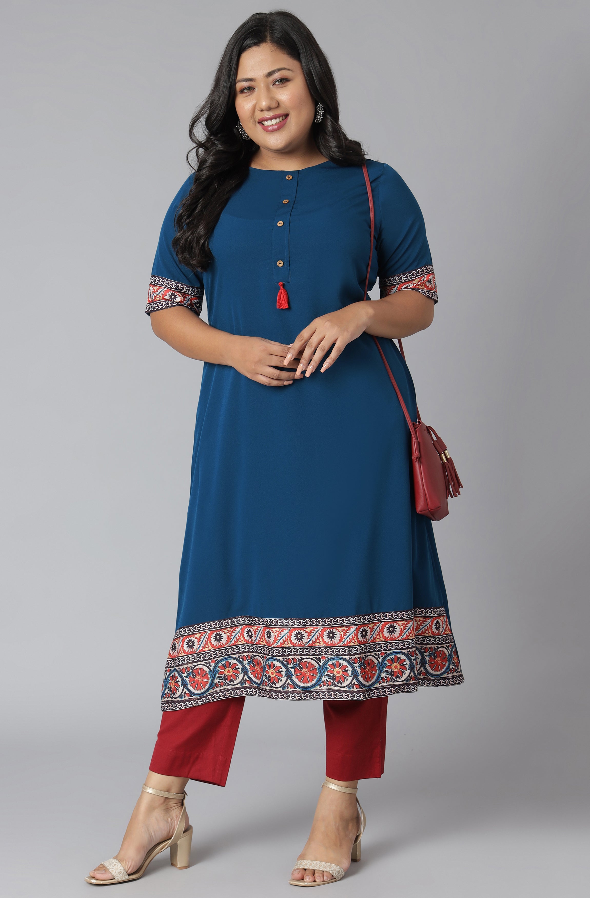 Janasya Women's Teal Poly Crepe Floral Print Casual A-line Kurta