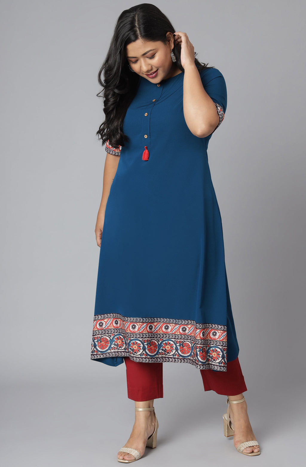 Janasya Women's Teal Poly Crepe Floral Print Casual A-line Kurta