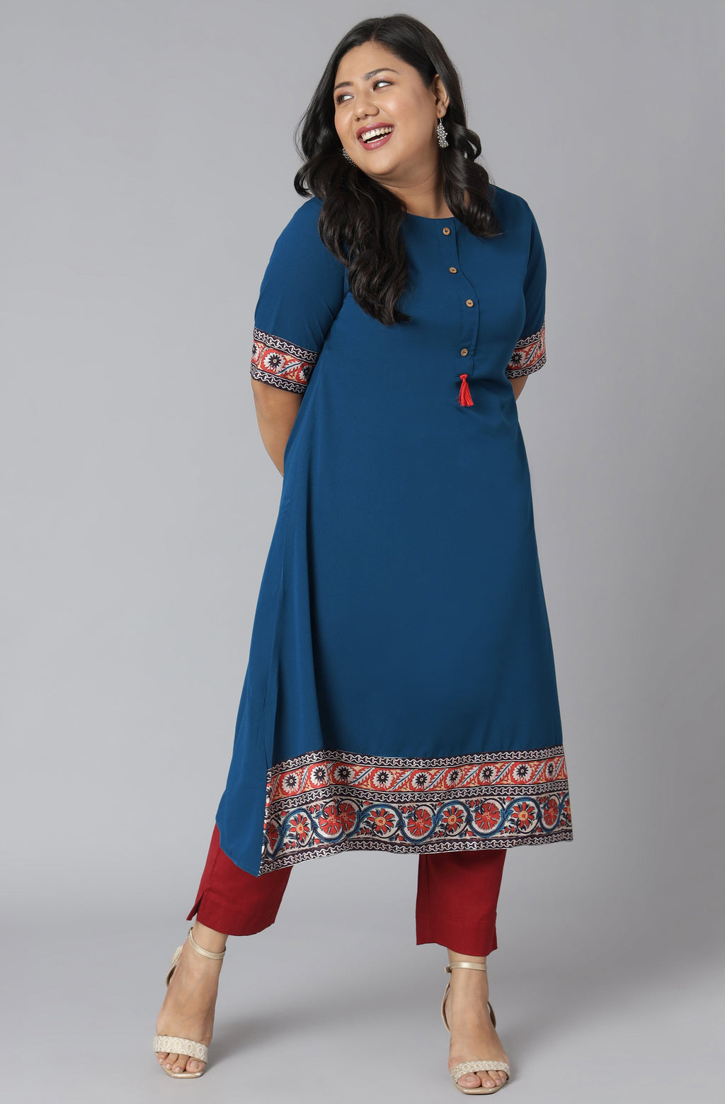 Janasya Women's Teal Poly Crepe Floral Print Casual A-line Kurta