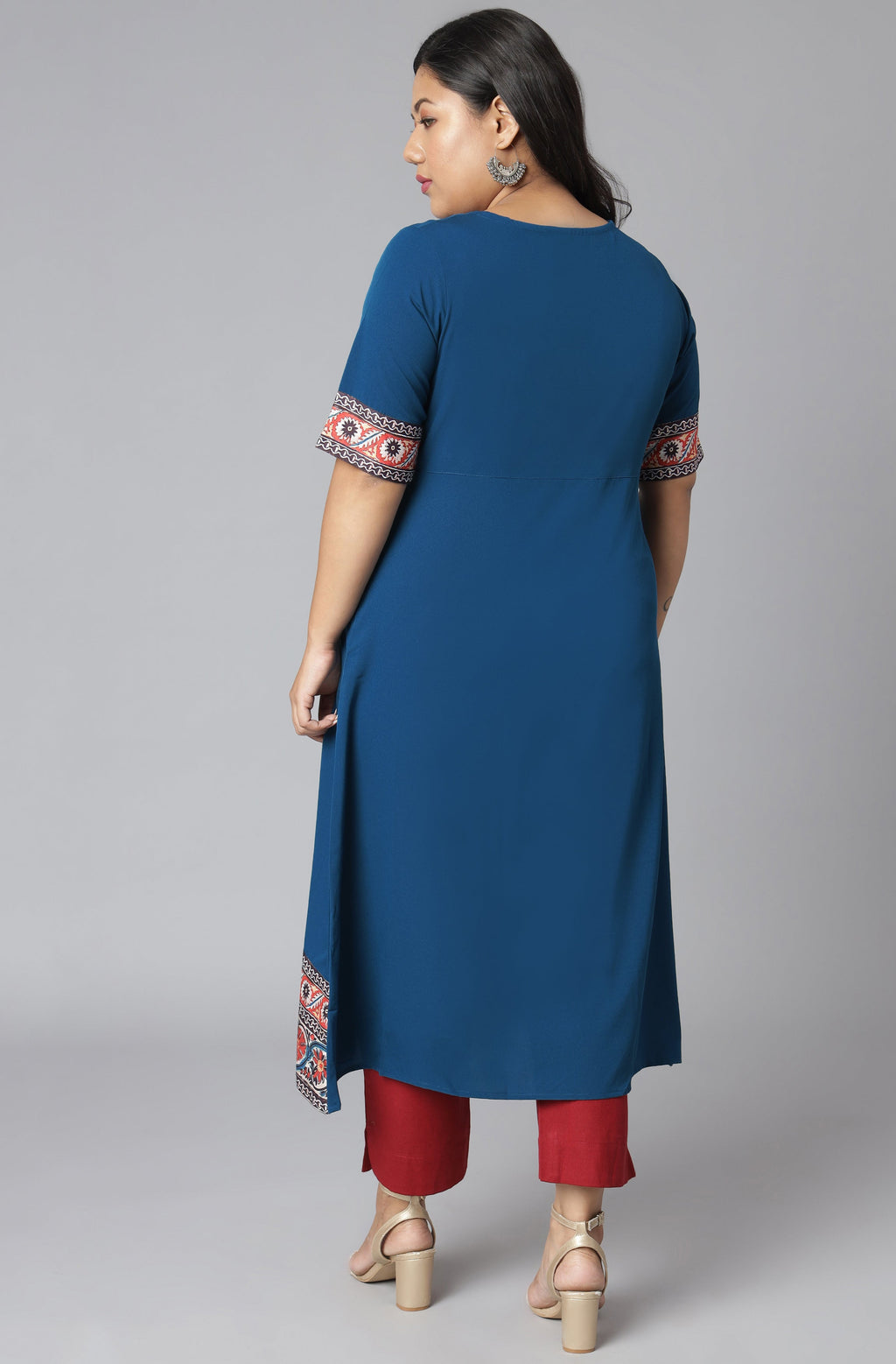 Janasya Women's Teal Poly Crepe Floral Print Casual A-line Kurta