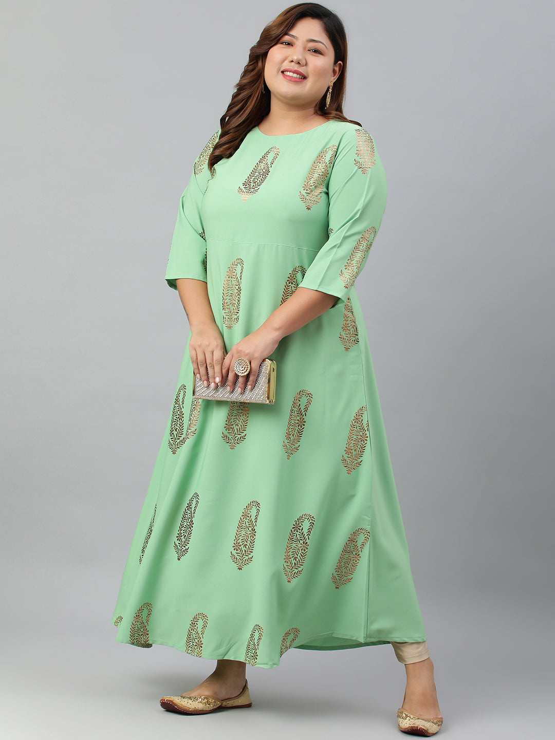 Janasya Women's Light Green Poly Crepe Foil Print Casual A-line kurta