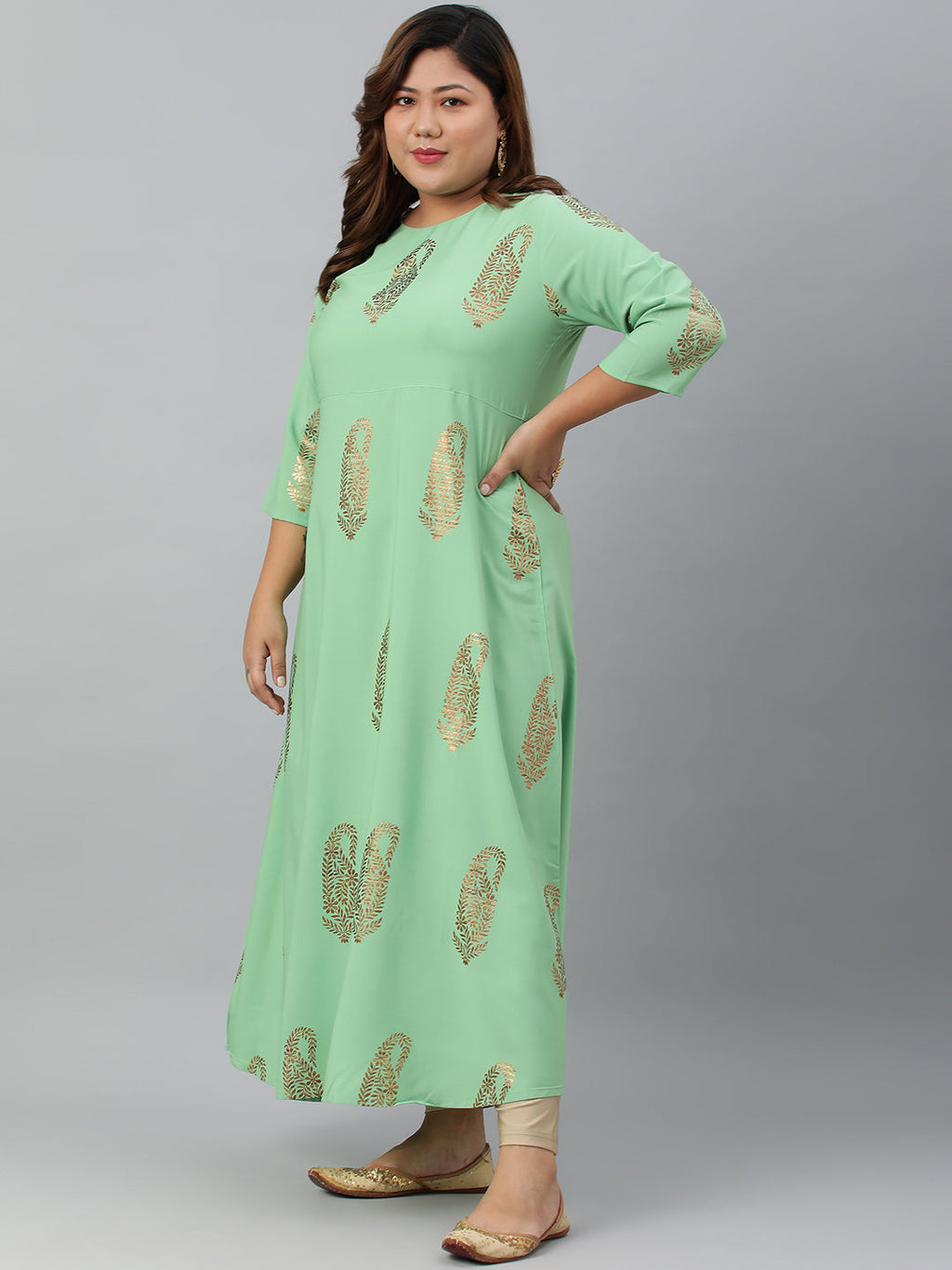 Janasya Women's Light Green Poly Crepe Foil Print Casual A-line kurta