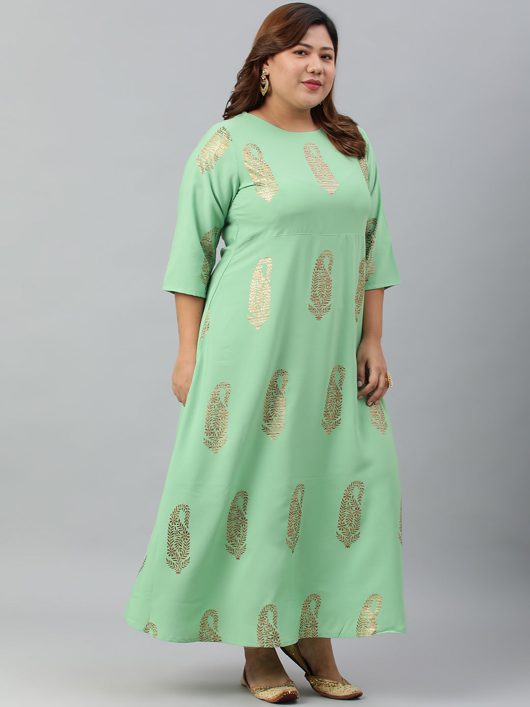 Janasya Women's Light Green Poly Crepe Foil Print Casual A-line kurta