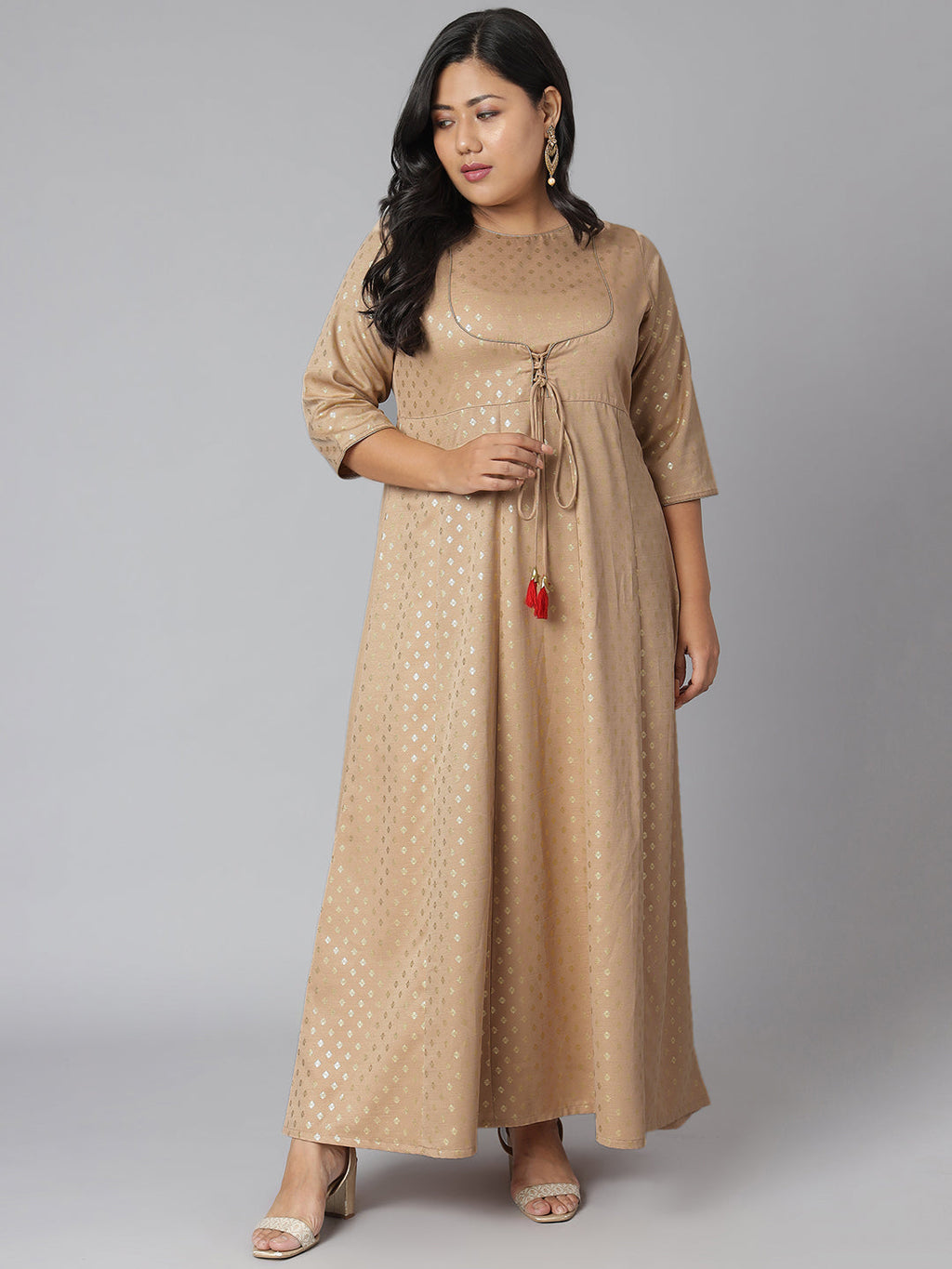 Janasya Women's Beige Poly Silk Foil Print Festive & Party Anarkali Kurta