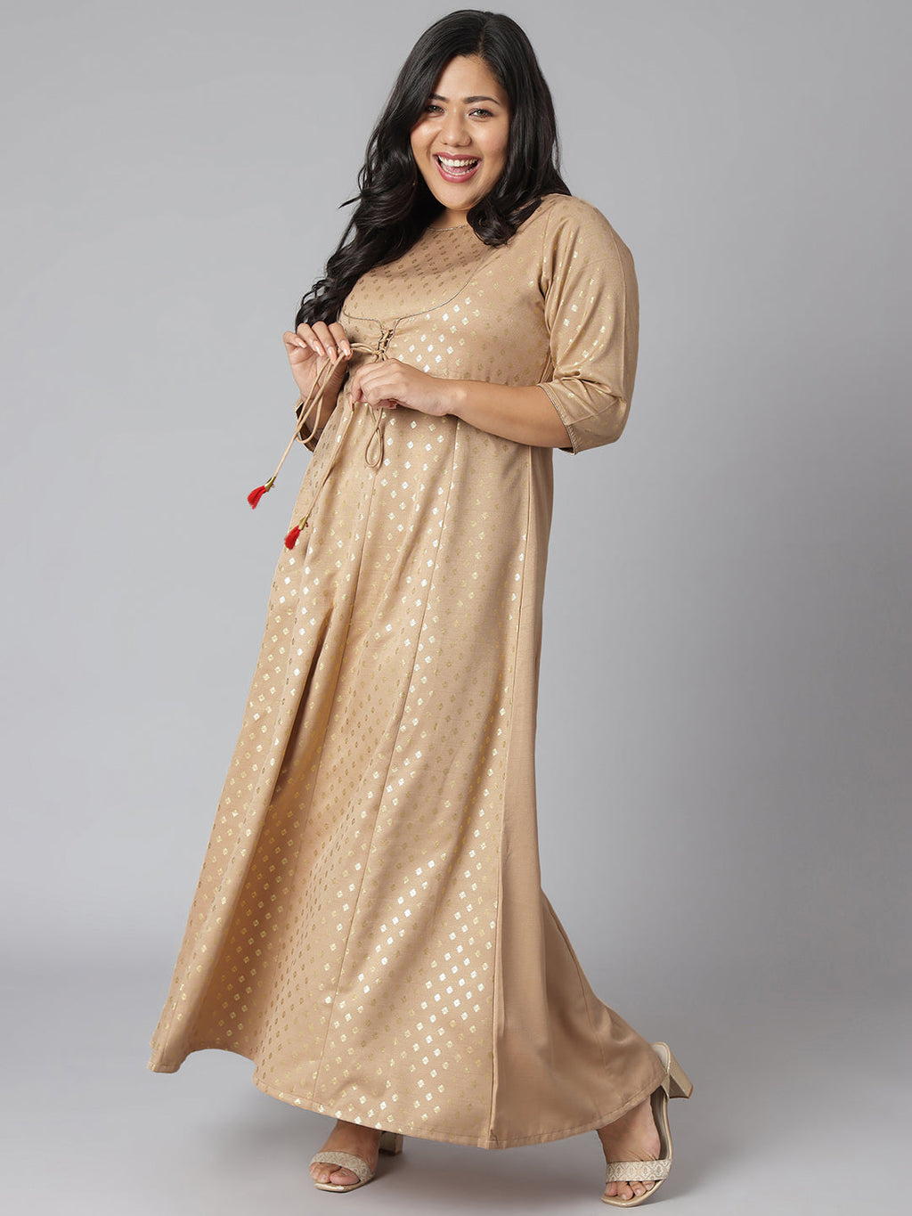 Janasya Women's Beige Poly Silk Foil Print Festive & Party Anarkali Kurta
