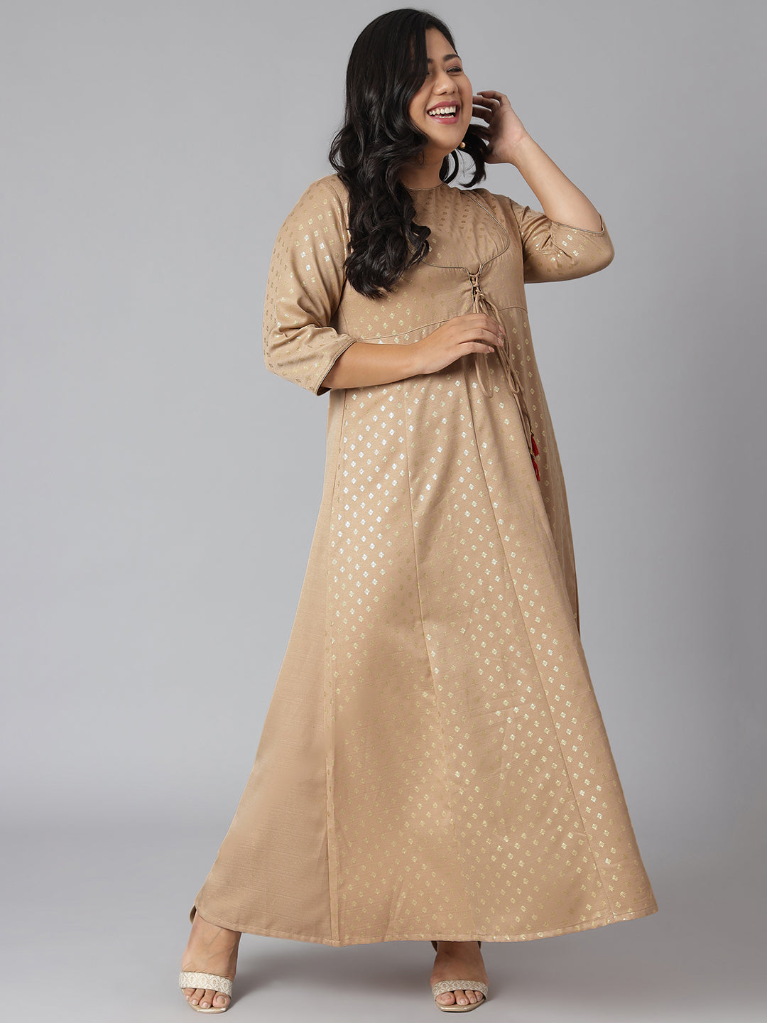 Janasya Women's Beige Poly Silk Foil Print Festive & Party Anarkali Kurta