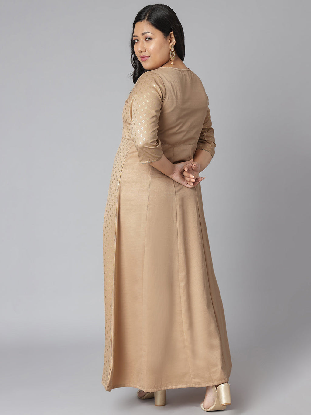 Janasya Women's Beige Poly Silk Foil Print Festive & Party Anarkali Kurta