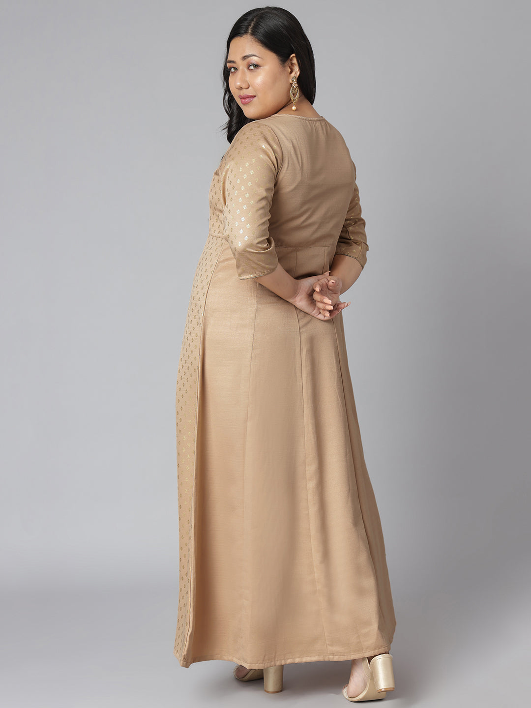 Janasya Women's Beige Poly Silk Foil Print Festive & Party Anarkali Kurta