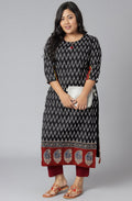 Janasya Women's Black Cotton Flex Ikat Casual Straight Kurta