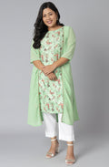 Janasya Women's Green Poly Crepe Floral Print Casual A-line Kurta
