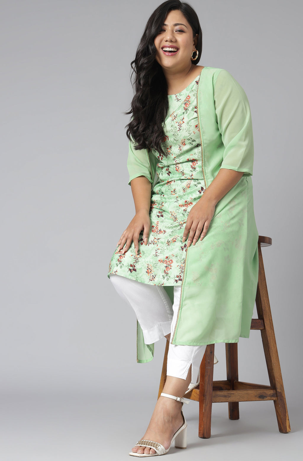 Janasya Women's Green Poly Crepe Floral Print Casual A-line Kurta