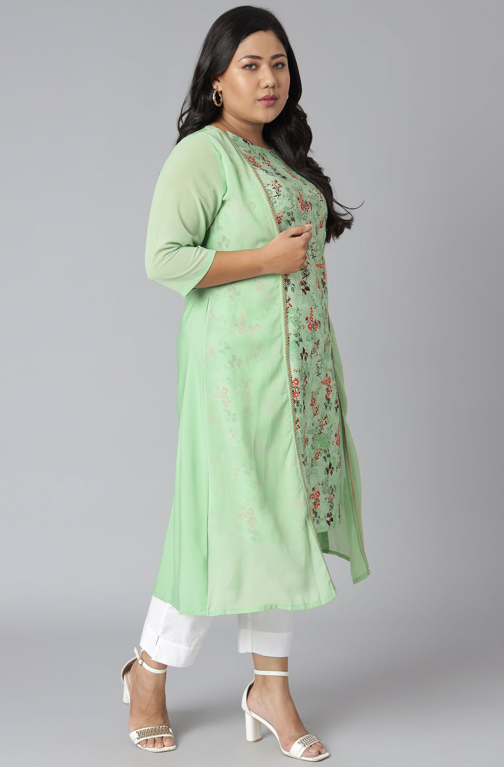 Janasya Women's Green Poly Crepe Floral Print Casual A-line Kurta