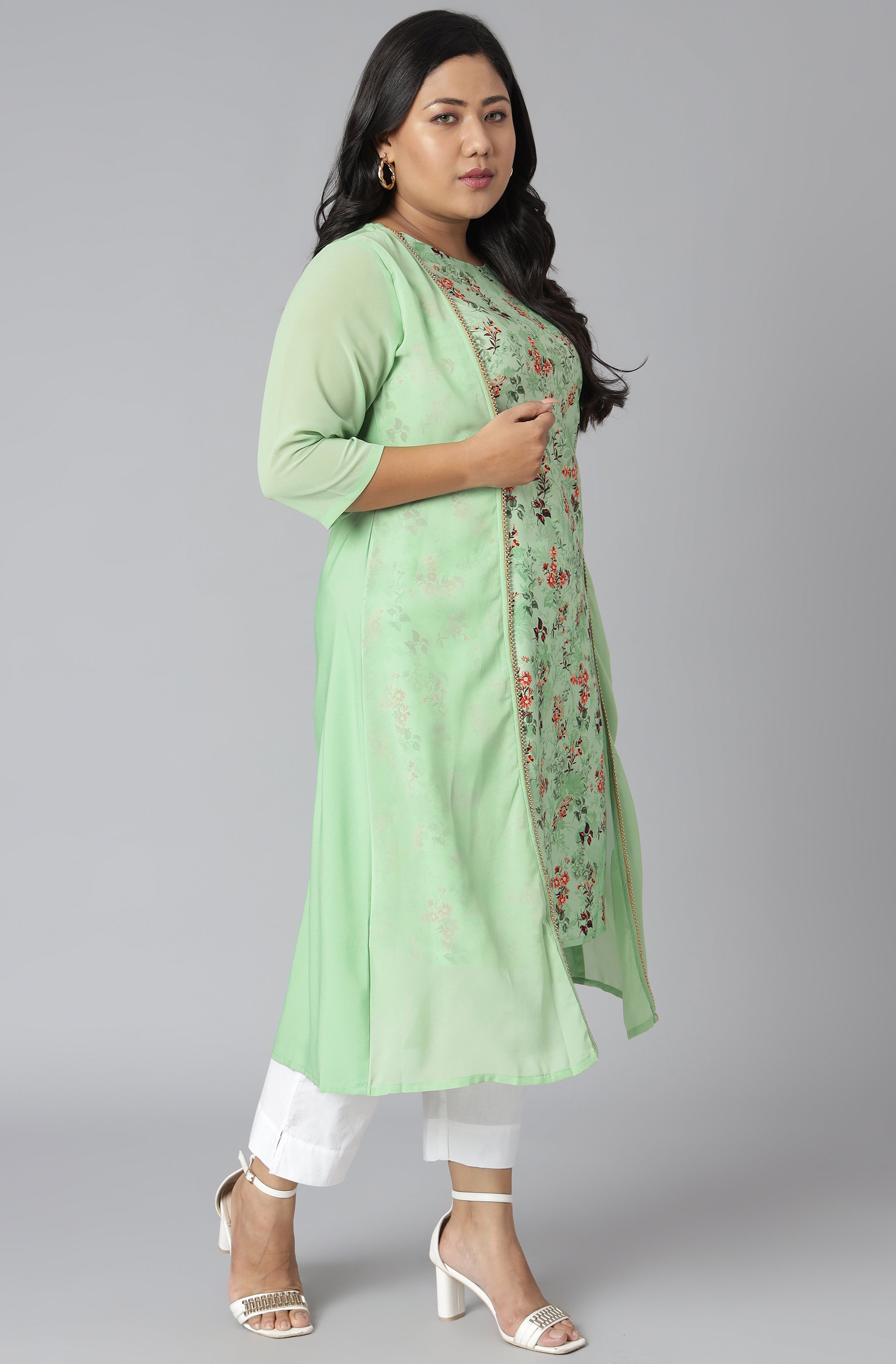 Janasya Women's Green Poly Crepe Floral Print Casual A-line Kurta