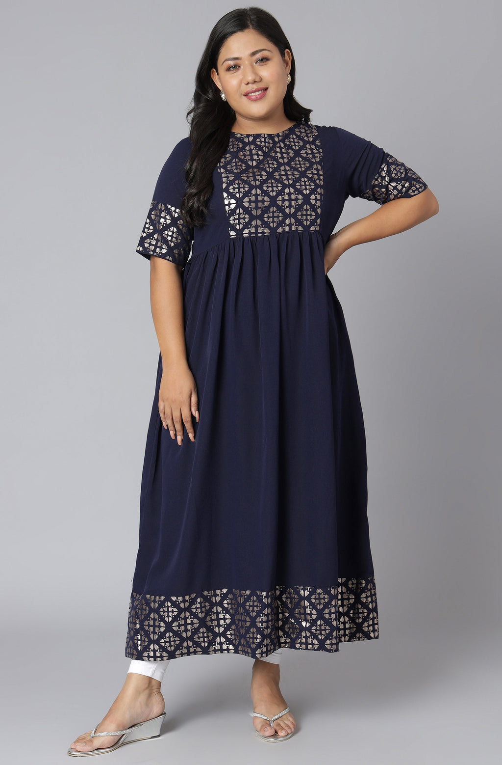 Janasya Women's Dark Blue Poly Crepe Foil Print Casual Flared Kurta