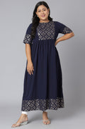 Janasya Women's Dark Blue Poly Crepe Foil Print Casual Flared Kurta