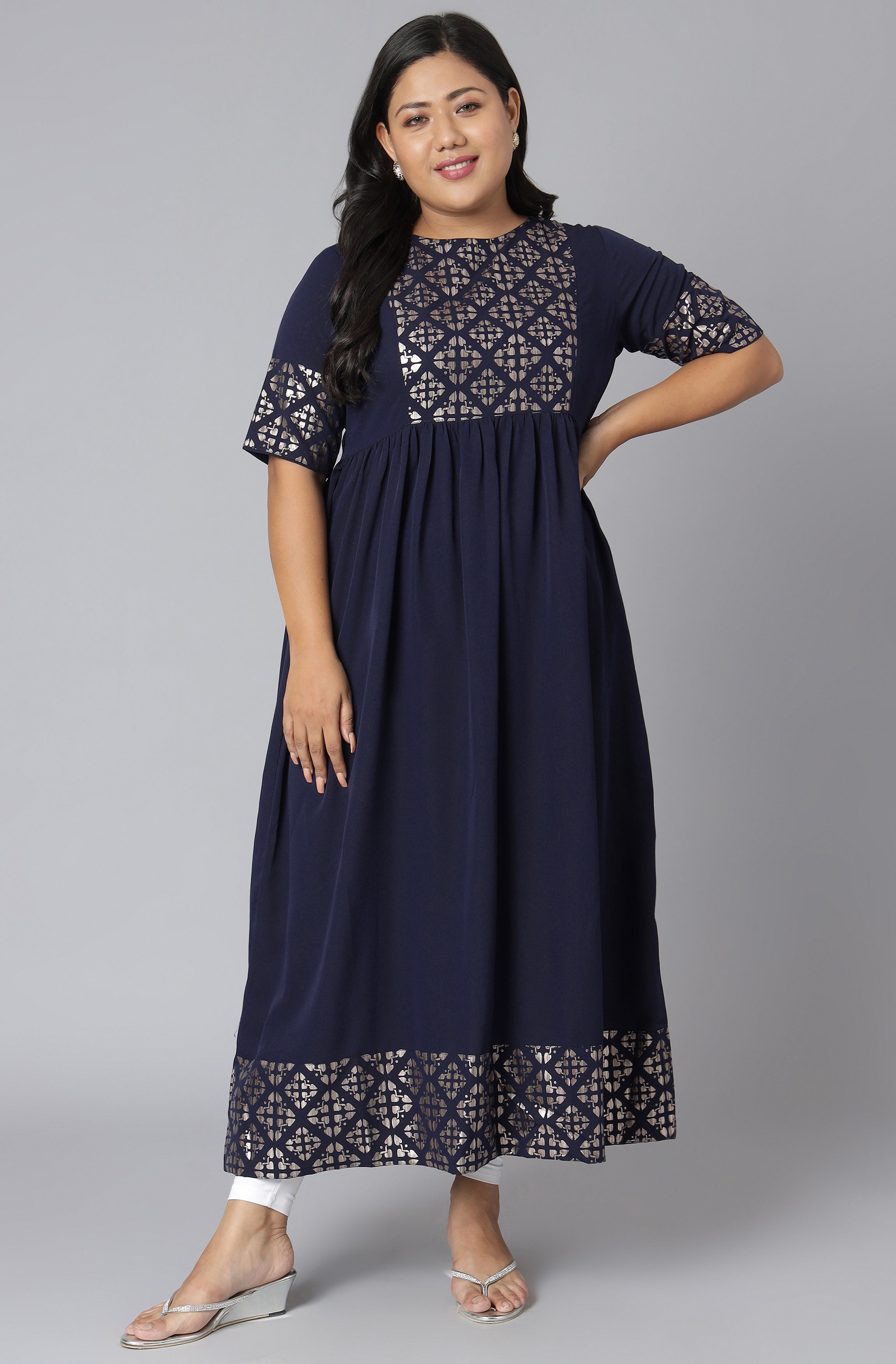 Janasya Women's Dark Blue Poly Crepe Foil Print Casual Flared Kurta