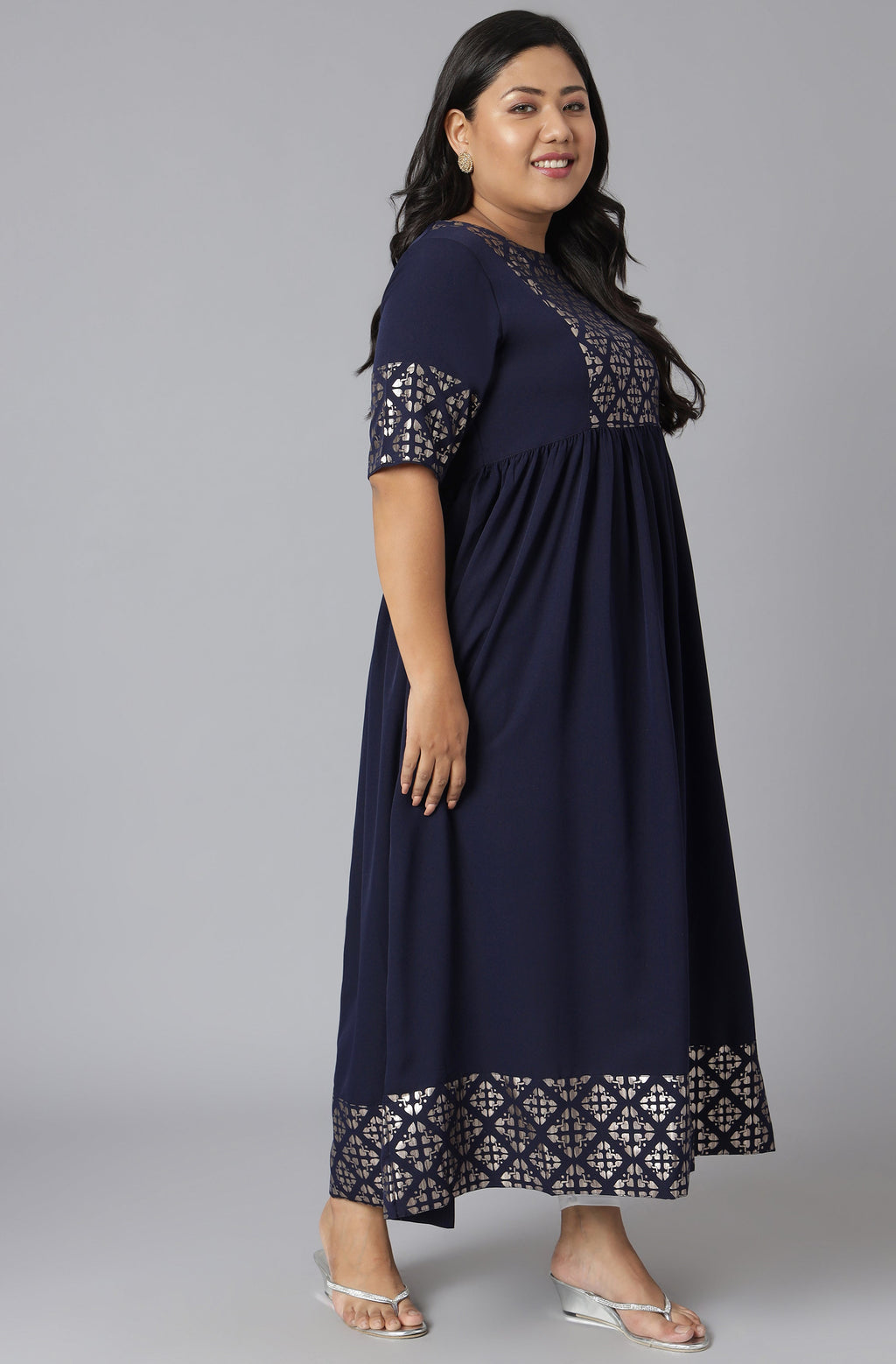Janasya Women's Dark Blue Poly Crepe Foil Print Casual Flared Kurta