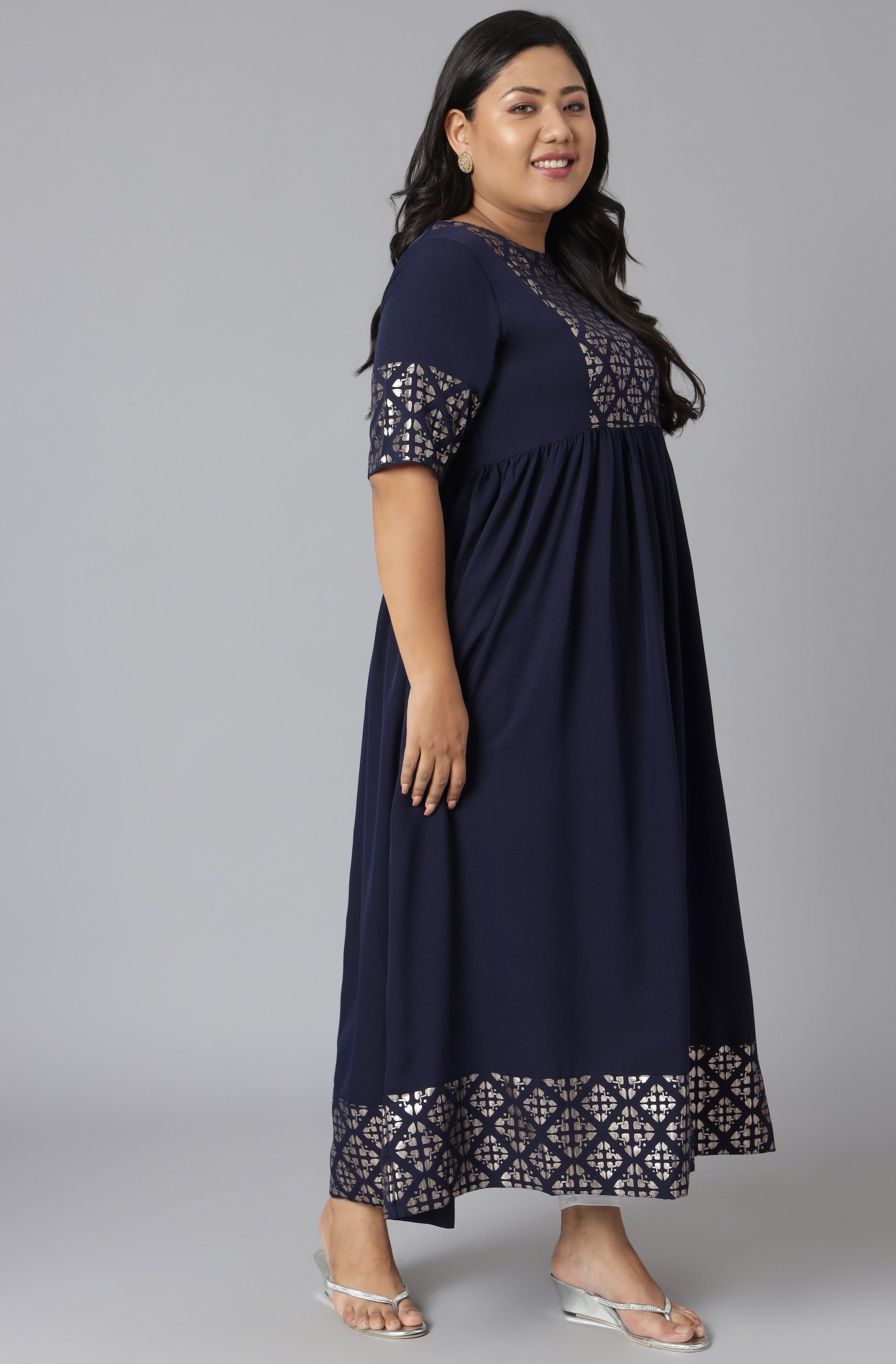 Janasya Women's Dark Blue Poly Crepe Foil Print Casual Flared Kurta