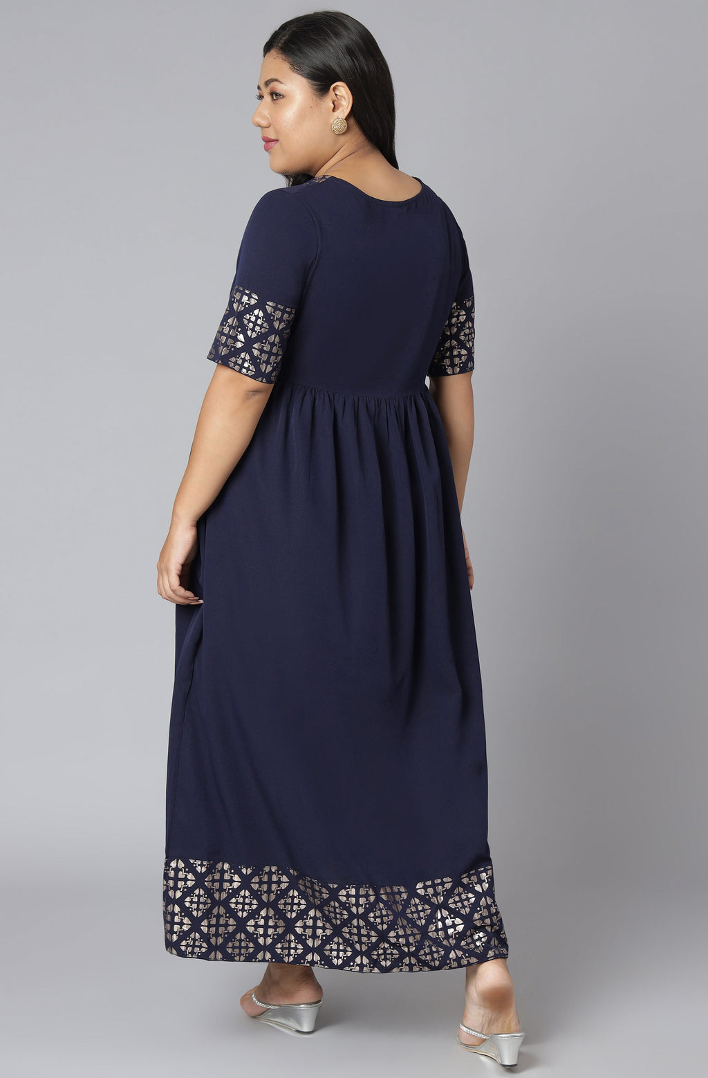Janasya Women's Dark Blue Poly Crepe Foil Print Casual Flared Kurta