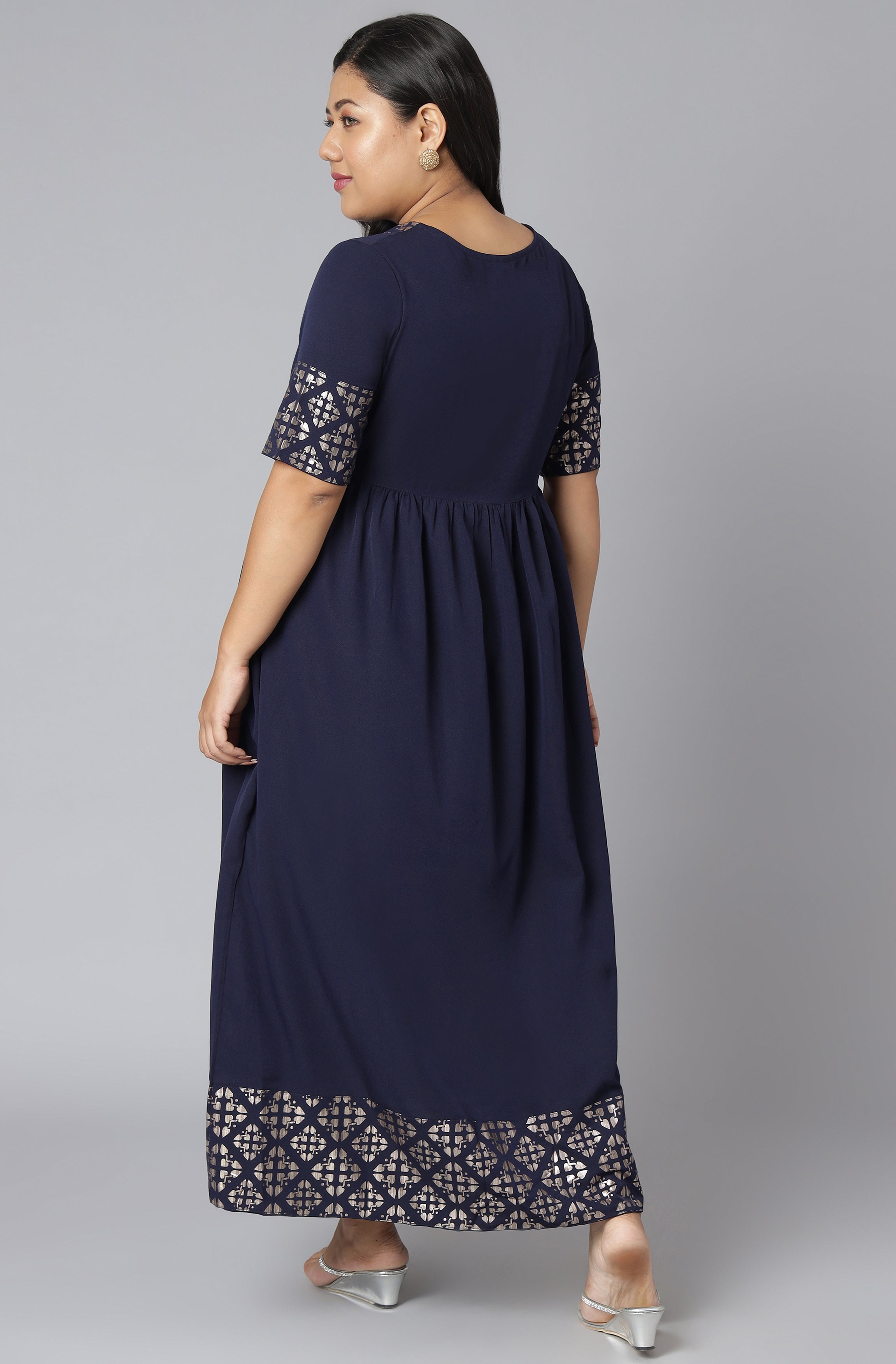 Janasya Women's Dark Blue Poly Crepe Foil Print Casual Flared Kurta