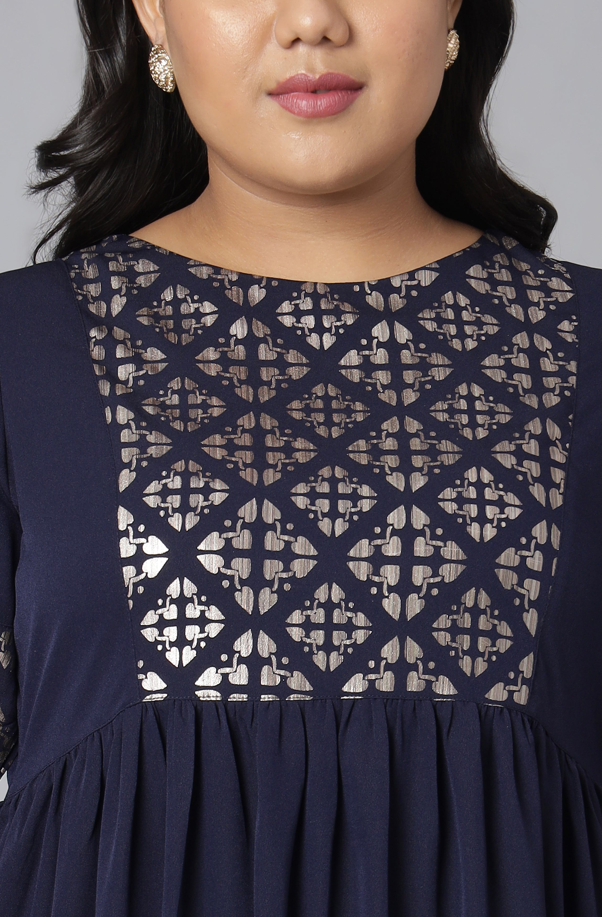 Janasya Women's Dark Blue Poly Crepe Foil Print Casual Flared Kurta