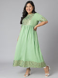 Janasya Women's Green Poly Crepe Foil Print Casual Flared Kurta