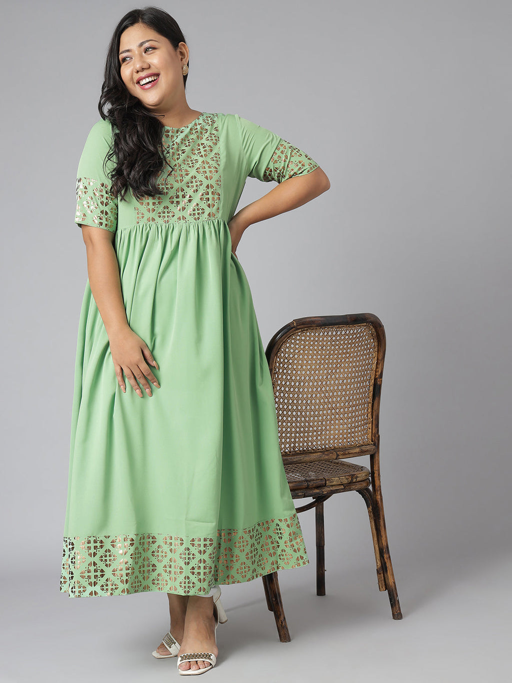 Janasya Women's Green Poly Crepe Foil Print Casual Flared Kurta