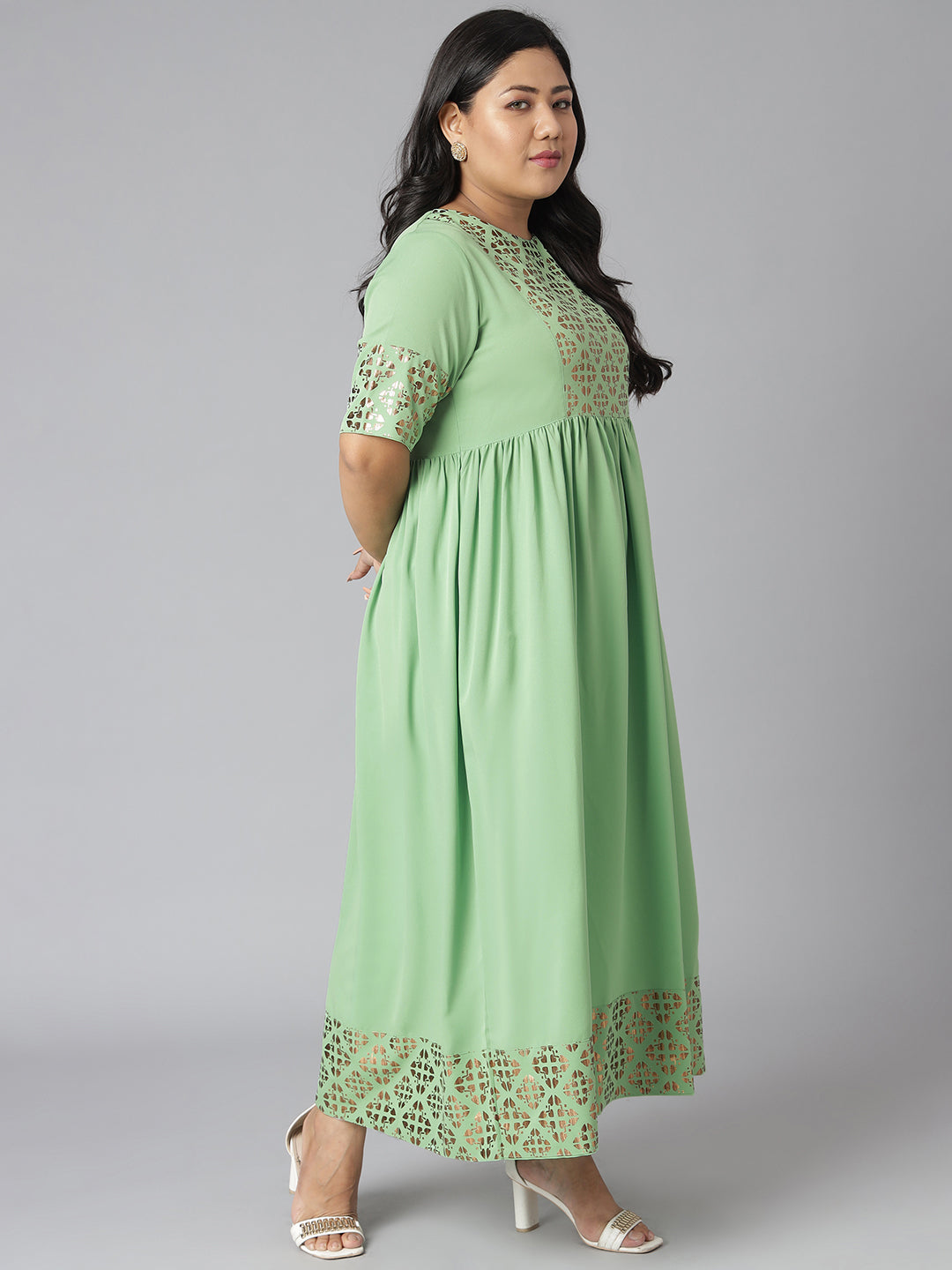 Janasya Women's Green Poly Crepe Foil Print Casual Flared Kurta