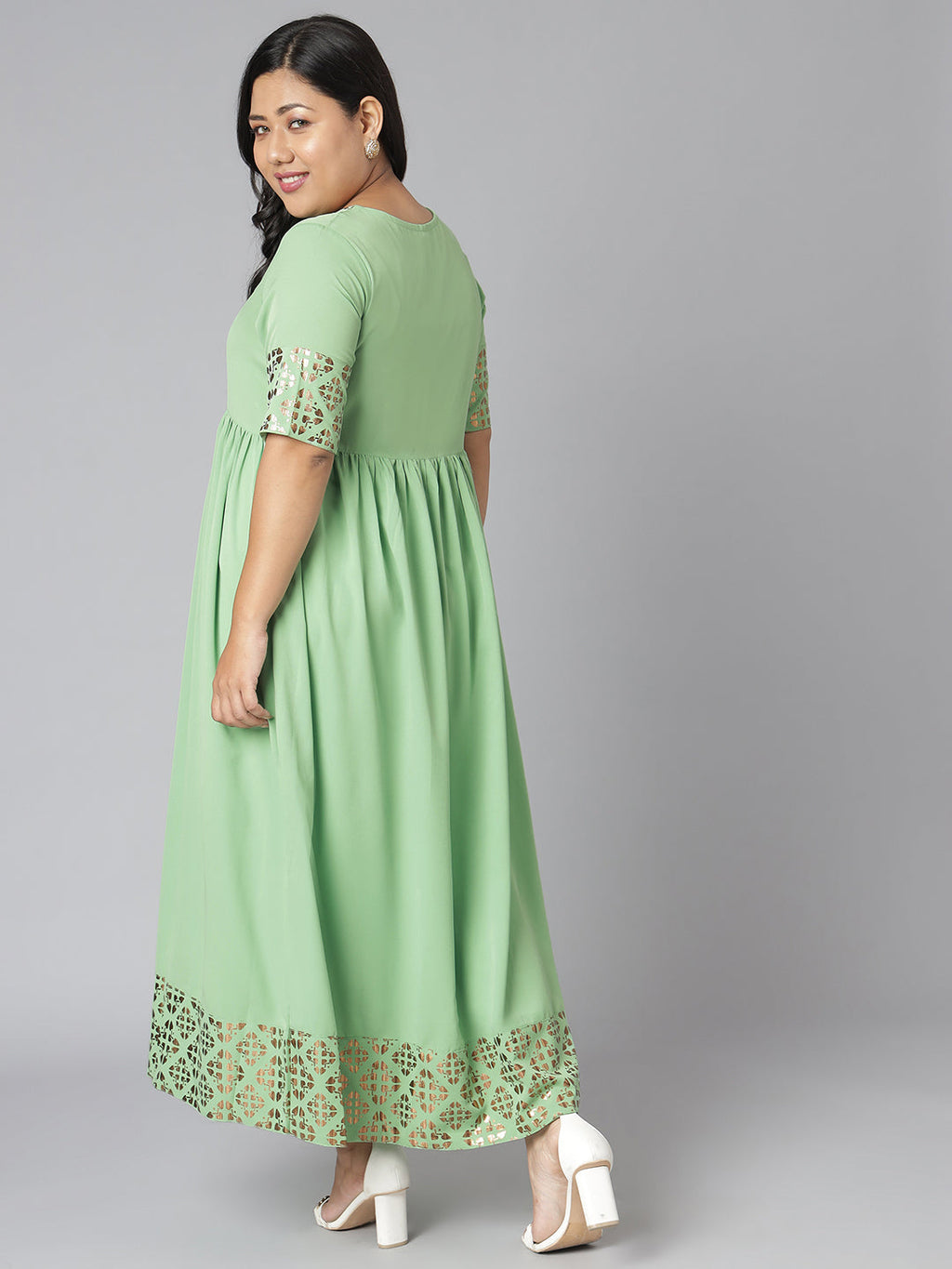 Janasya Women's Green Poly Crepe Foil Print Casual Flared Kurta